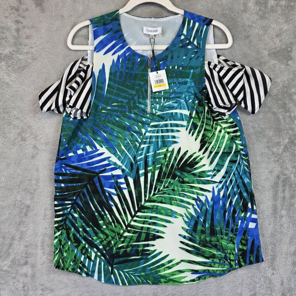Calvin Klein Top Womens Medium Green Tropical Palm Print Cold Shoulder NWT
